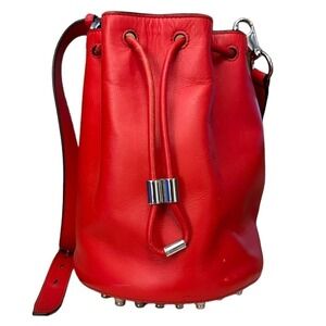 Alexander Wang Alpha Red Leather Bucket Bag Silver stud Designer Purse One Size